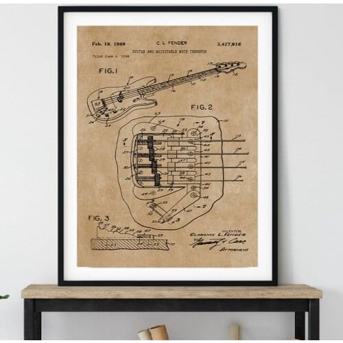 For Fender Bass Guitar Patent Prints Music Posters Guitar Art Blueprint Canvas Painting Picture Guitar Lover Gifts Wall Decor