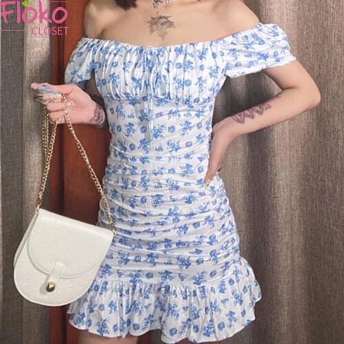 Flokocloset Summer Casual Floral Print Wrap Mini Dress Sexy Off Shoulder Sweet Tie Up Front Ruffle Slash Neck Sundrss
