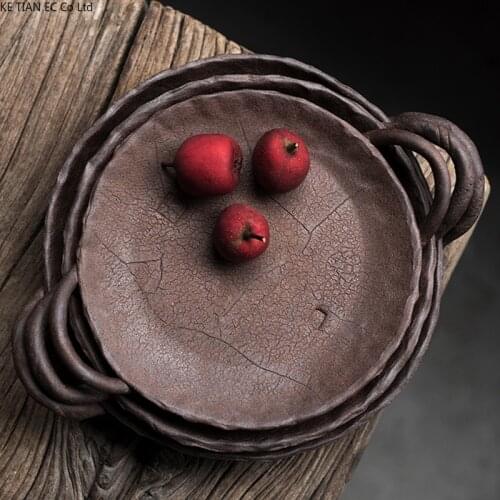 Handmade Ceramic Binaural Fruit Plate Creative Retro Stoneware Candy Dessert Snack Plate Creative Living Room Sundries Storage