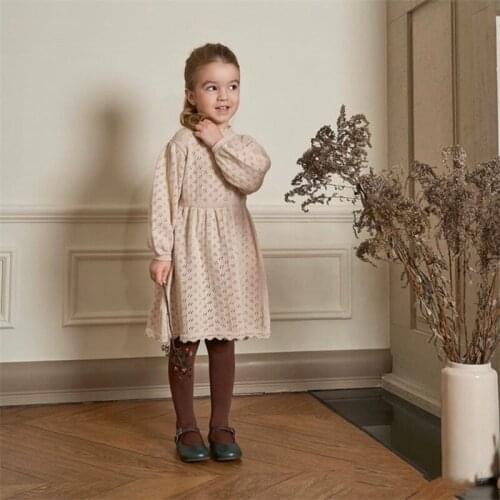 Girl’s Fashion Long-sleeved Dress Sweet Solid Color Knitted Hollow Round Neck Children Princess Dress
