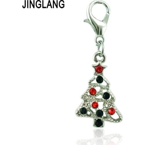 JINGLANG Fashion Lobster Clasp Charms Colorful Rhinestone Pierced Christmas Tree Charms For Jewelry Making DIY Accessories