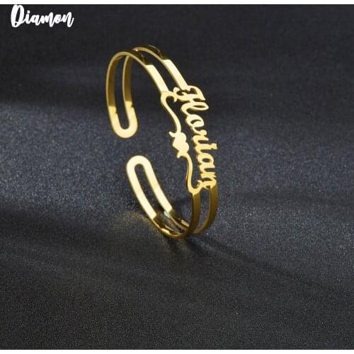 Diamon Fashion Personalized Custom Name Bangle For Women Stainless Steel Personalized Open Heart Bangle Jwelry Gift For Lover