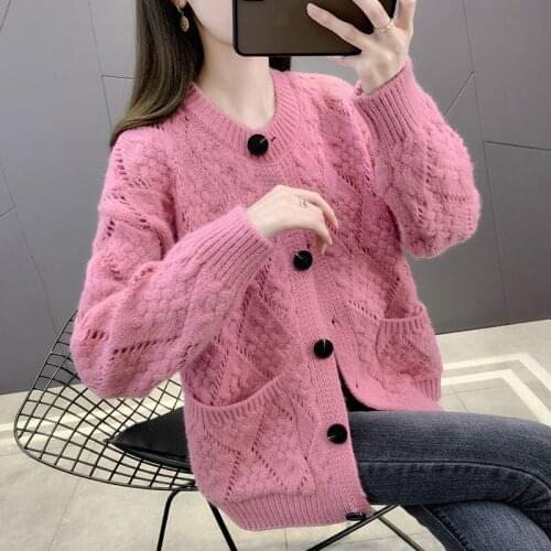 Fashion Crochet Knit Sweater Womens Cardigan Jacket Autumn 2021 New Short Style Long Sleeve Korean Casual Loose Twist Top M444
