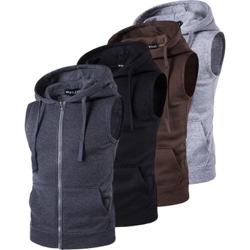 Male Zipper Hood Outdoor Casual Sport Sleeveless Sportwear Fitness Vest Solid Colored Sleeveless Daily Tops Running Clothing