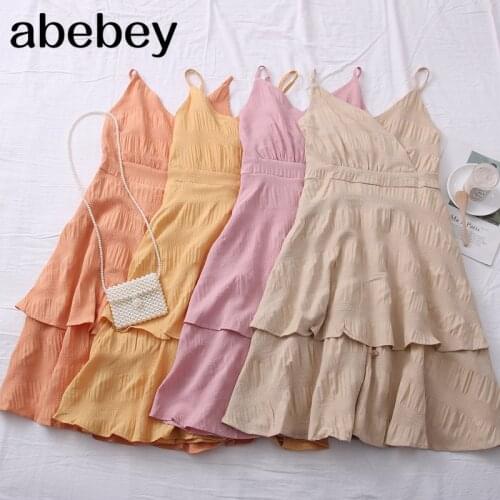 2021 New Spring Summer Fashionable All-match Solid V-neck Dress high waist slim sling medium length Dress cake Dress