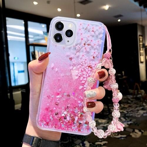 Bling Glitter Butterfly Fower Liquid Quicksand Case Cover Crystal Hand Chain For Iphone 12 Mini 11 Pro XS Max XR X 8 7 6 Plus SE