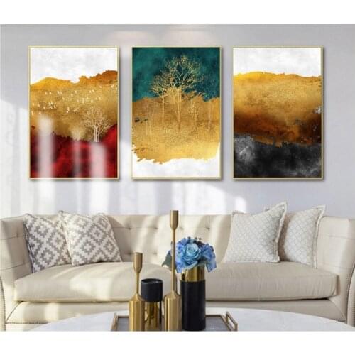 Nordic Abstract Modern Multi Colored Landscape Poster Abstract Geometric Golden Forest Unique Decorative Canvas Painting
