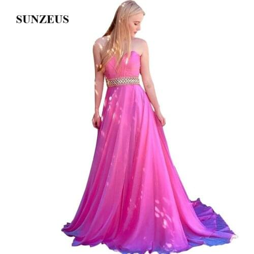 A-line Sweetheart Pleated Chiffon Prom Dresses Long Pink Party Gowns For Girls Beaded Waistline Summer Formal Dress