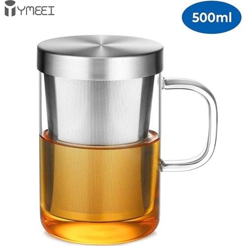 YMEEI 500ML Anti-scald Glass Water Bottle With Handle Stainless Steel Infuser Strainer Heat-resisting Office Glass Drinkware