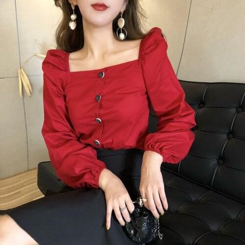 Luck A 2021 Spring Solid Women Blouses Square Collar Elegant Blusas Mujer Lantern Sleeve Short Shirts Casual Tops