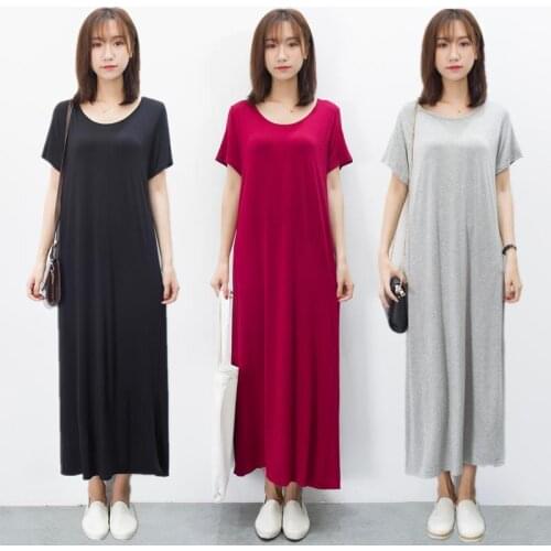 Women Loose Dresses Modal Ankle length Long Dresses Solid Short Sleeve maxi dresses for women