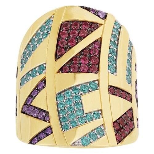 Fashion Pure 925 Sterling Silver Yellow Gold Color Large Multicolor Stone Tribal Statement Ring Mana Collection for Women