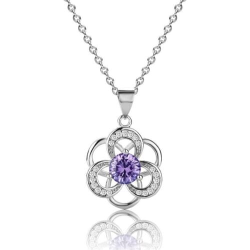 Shining Zircon Purple Flower Pendant Necklace For Women Jewelry Fashion Silver 925 Necklace Princess Lady Christmas Accessories