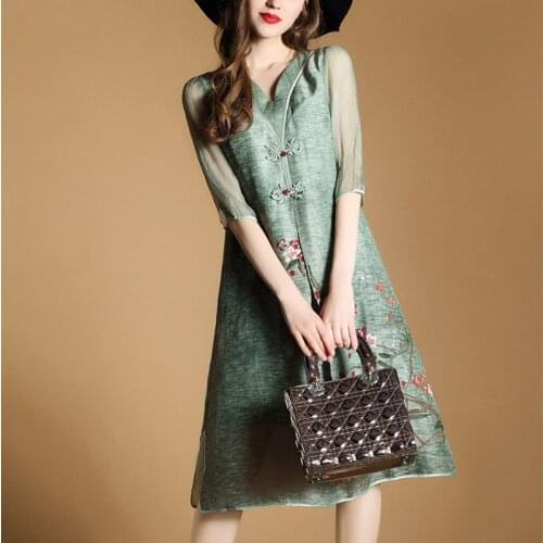 Chinese Style V Neck Vintage Button Floral Dresses Women Ethnic High Quality Linen Silk Dress Elegant Side Split Vestidos 2021