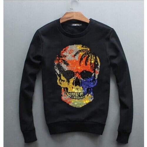 Winter Round Collar Skull Sweatshirt Diamond stone Men O-neck Hoodies Boys Hot drill Pullover Fashion Tops