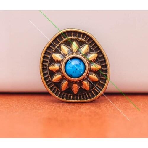 10Pcs 19*18mm Vintage Brass Blue Turquoise Irregular Sun Flower Conchos for DIY Leathercraft Wallet Purse Leather Bag Belt