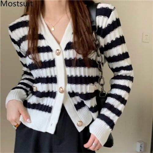 Color-blocked Striped Knitted Cardigan Women Full Sleeve V-neck Single-breasted Crop Tops Sweater Vintage Elegant Korean Jumpers