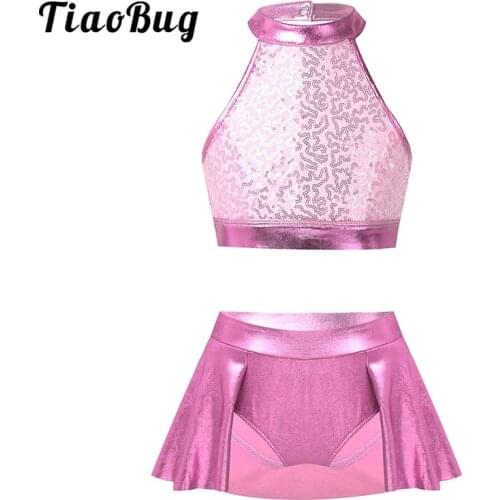 TiaoBug Kids Sequins Dancewear Halter Crop Top Shorts Skirts Sets Girls Stage Performance Gymnastics Jazz Ballet Dance Costume