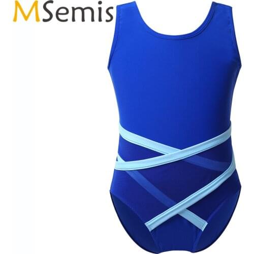 Kids Girls Gymnastics Leotard Bodysuit Fitness Sleeveless U-Shaped Back Strappy Waist Ballet Leotard Dance Jumpsuit Dancewear