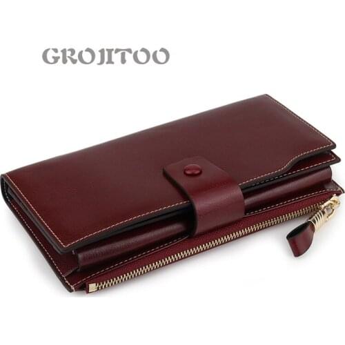 GROJITOO RFID anti theft leather women wallet oil wax large capacity hand bag for women fashion genuine leather long wallet
