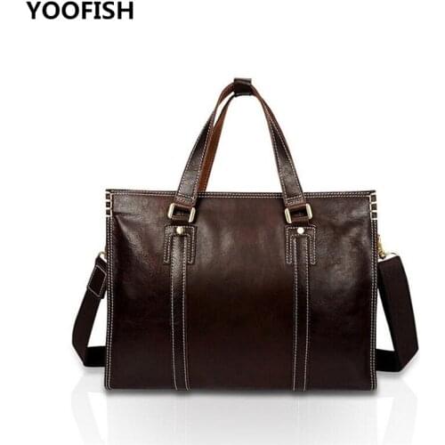 YOOFISH Hot selling Casual Genuine Leather Handbag Laptop Business bag Unisex Free Shipping Coffee/Brown XZ-063