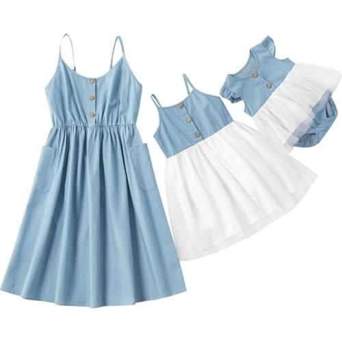Summer Family Matching Romper Dress Outfit Mommy Daughter Sleeveless Strap Button Dress Lace Tutu Bodysuits Girls Clothing