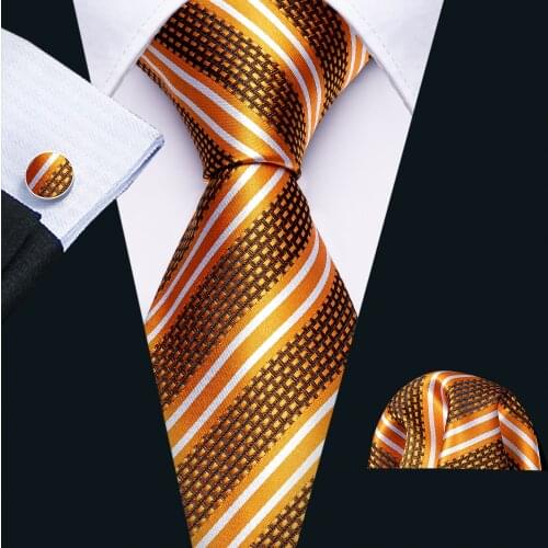 Fashion Gold Striped Men Wedding Tie Set 8.5cm Wide Silk Jacquard Neckties Business Handkerchief Cufflink Tie Barry.Wang FA-5312