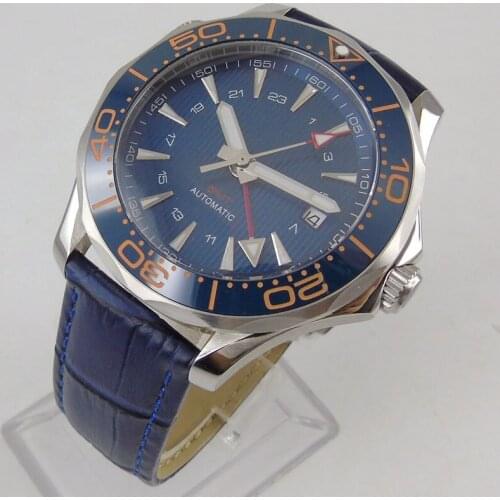 41mm Blue Sterile Dial Ceramic Leather Mens Watch Automatic GMT Movement Sapphire Glass Date Window