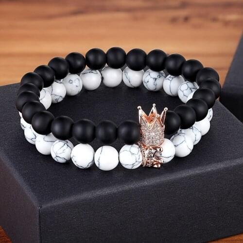 TYO Mens Women 8MM Nature White Stone Bead Matte Black Bead Adjustable Stretch Bracelets Set with Fashion Rhinestone Crown Charm