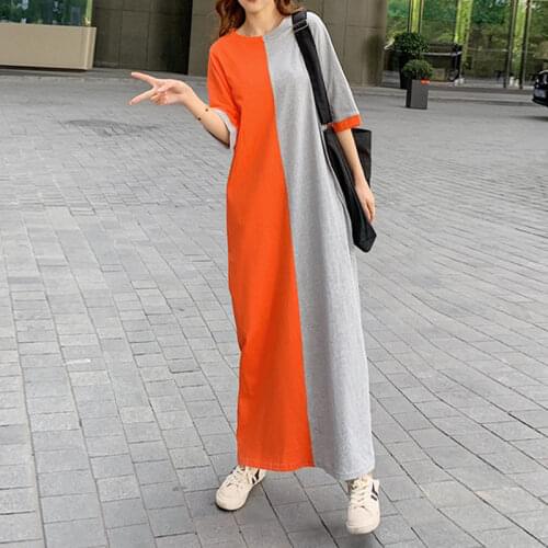 2021 New Summer Fashion Womens Patchwork Long Dress Female Casual Style Short Sleeve Dresses