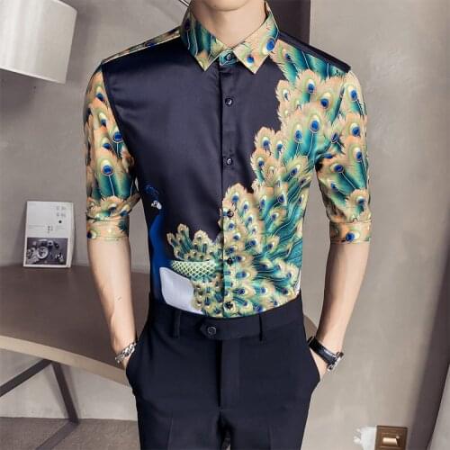Luxury Peacock Print Shirts Men Short Sleeve Slim Fit Streetwear Shirts Tuxedo Social Party Blouse Male Business Casual Shirt