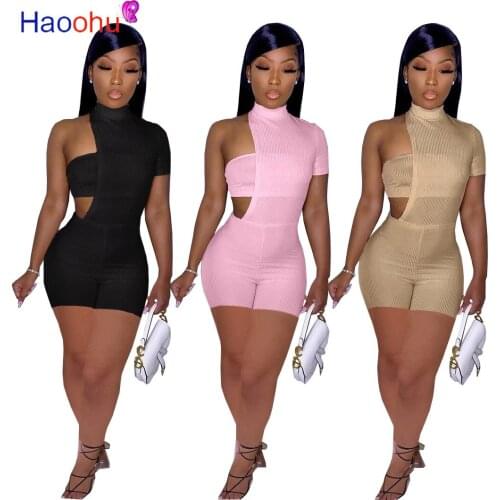 HAOOHU Sexy 2 Piece Set Breast Wrap + One Shoulder Playsuit Elegant Club Outfit for Women Summer Clothes Overalls Lounge Wear