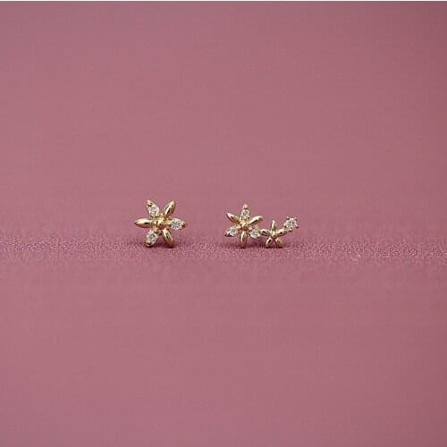 9K solid gold flower unique crystal stud earring Mini dainty women minimal simple style gift bridesmaid