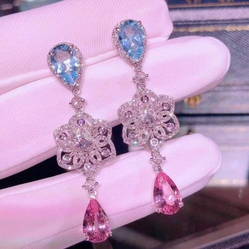 H1007 Fine Jewelry Real Pure 18 K Gold AU750 Blue Aquamarine and Morganite 5.3ct Drop Earrings for Women Fine Earrings