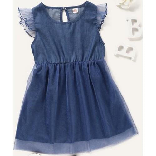 Toddler Mesh Denim Dress Baby Girl Summer Solid Color Fly Sleeve Round Neck One Pcs Patchwork Button Clothing
