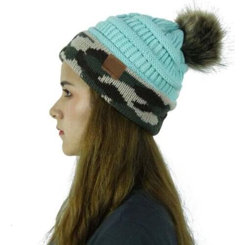 XEONGKVI 2020New Camouflage Flanging Artificial Fox Hair Venonat Skullies Beanies Autumn Winter Warm Knitted Hats For Women