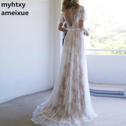 2020 New Short Lace V-neck Sweep Train Floor-length Zipper Beach Regular Empire Backless Vestido De Novia Boho Wedding Dress