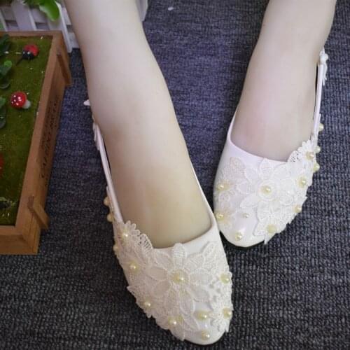 Flats lace ivory pearls wedding shoes bride handmade NQ135 sweet design bridesmaid womens wedding flats ready in stock