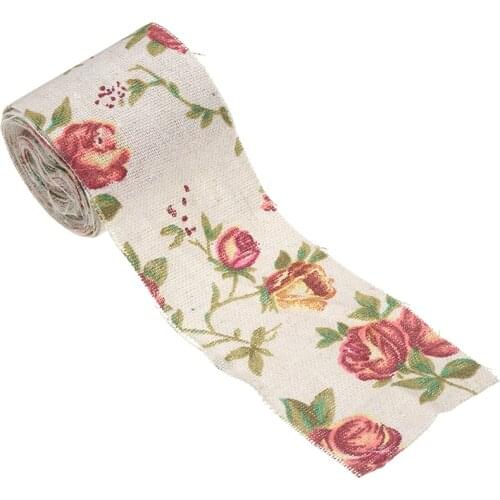 3M Vintage Rose Floral Print Burlap Hessian Ribbon Fabric Linen Ribbon DIY Candy Jar Table Napkin Rose Burlap Ribbon Party Decor