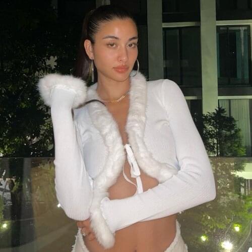Y2K Fur Trim Collar Tops Autumn 90s Streetwear Sexy V-Neck Long Sleeve Crop Top 90s Vintage Ribbed Lace-Up T-Shirts