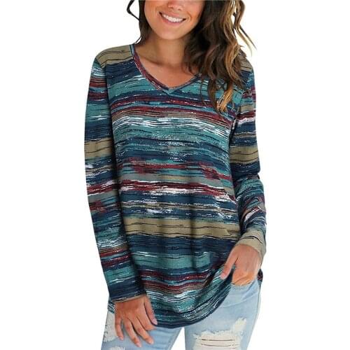 Womens Digital Print V-Neck Long Sleeve T-shirt In Autumn And Winter