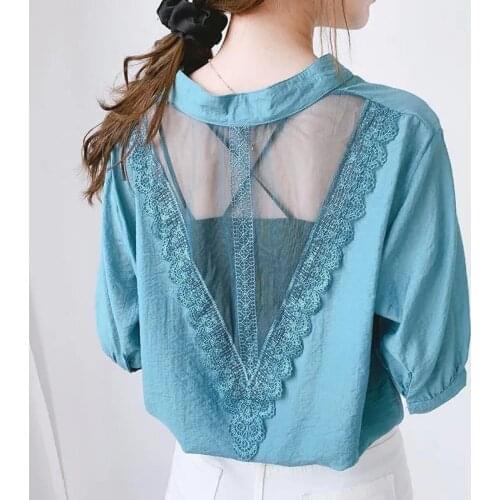 Women Half Sleeve Casual Shirts 2021 Fashion New Loose Blouse Elegant Back See-through Lace Tops Plus Size Ladies Office Shirt