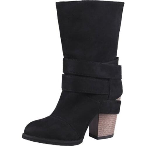 New Fashion Large Size Women High Heels Boots Belt Black Boots Buckle Thick with Round Head