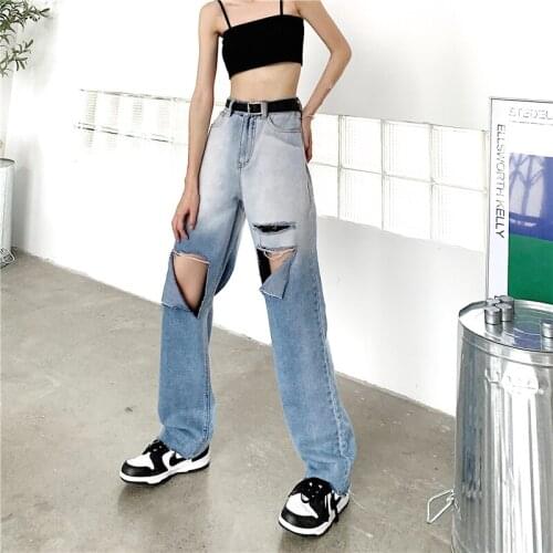 Womens Ripped Jeans 2021 Fashion New Gradient Color Harajuku High Waist Wide Leg Denim Pants Vintage Straight Cowboy Trouser