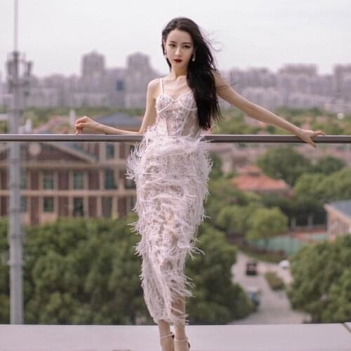 Star Di Lieba With The Same White Lace Feather Strap Temperament Bevel Mid-Length Dress Small Dress 2021 New Irregular Skirt