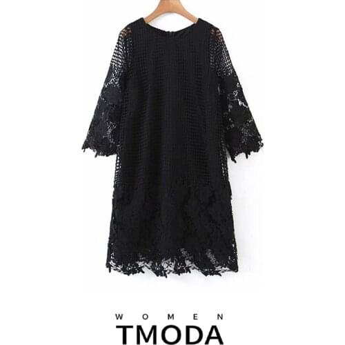 TMODA1203 Women 2021 Chic Fashion Semi-Sheer Lace Trim Mini Dress Vintage Short Sleeve With Lining Female Dresses Vestidos Mujer