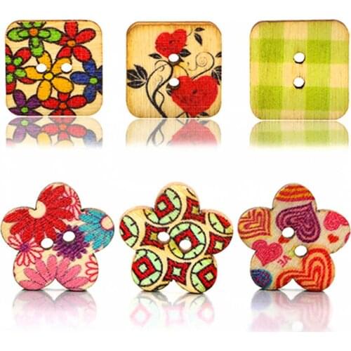 100 Pcs Colorful Wooden Flower Square 2 Holes Sewing Buttons Scrapbooking Clothing Button DIY Crafts Sewing Accessories