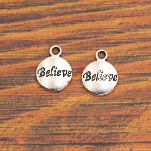 15pcs Round Believe Charm Pendant fit Bracelet Necklace Tibetan Silver Plated Jewelry DIY Making Accessories 15x12mm