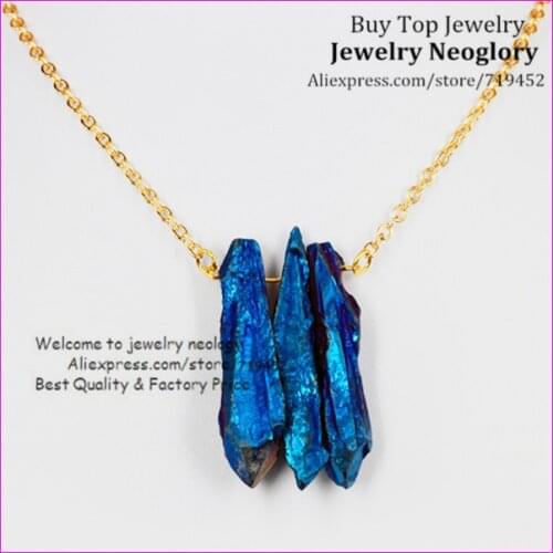 5PCS Blue Rainbow Titanium Quartz Necklace Rough Electric Aura Spike Raw Druzy Crystal Point Necklace Gold Color Brass Chain