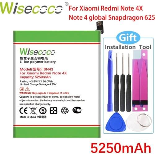 Wisecoco BN43 5250mAh Battery For Xiaomi Redmi Note 4X 4 X 5.5inch Phone High quality Replacement+Tracking Number